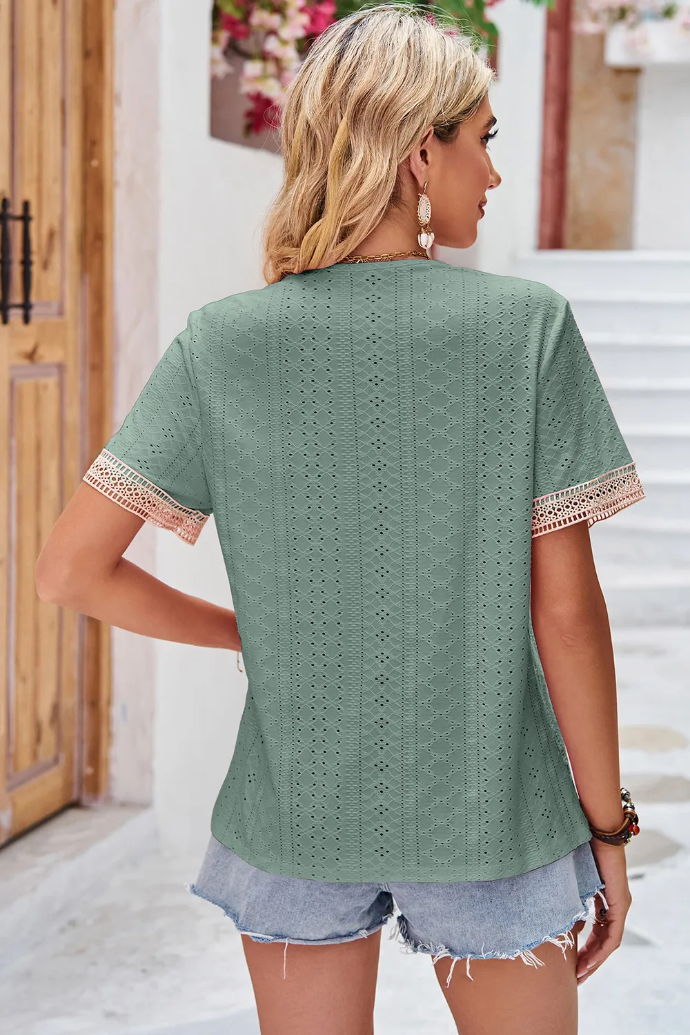 Eyelet V-Neck Short Sleeve T-Shirt, image 16