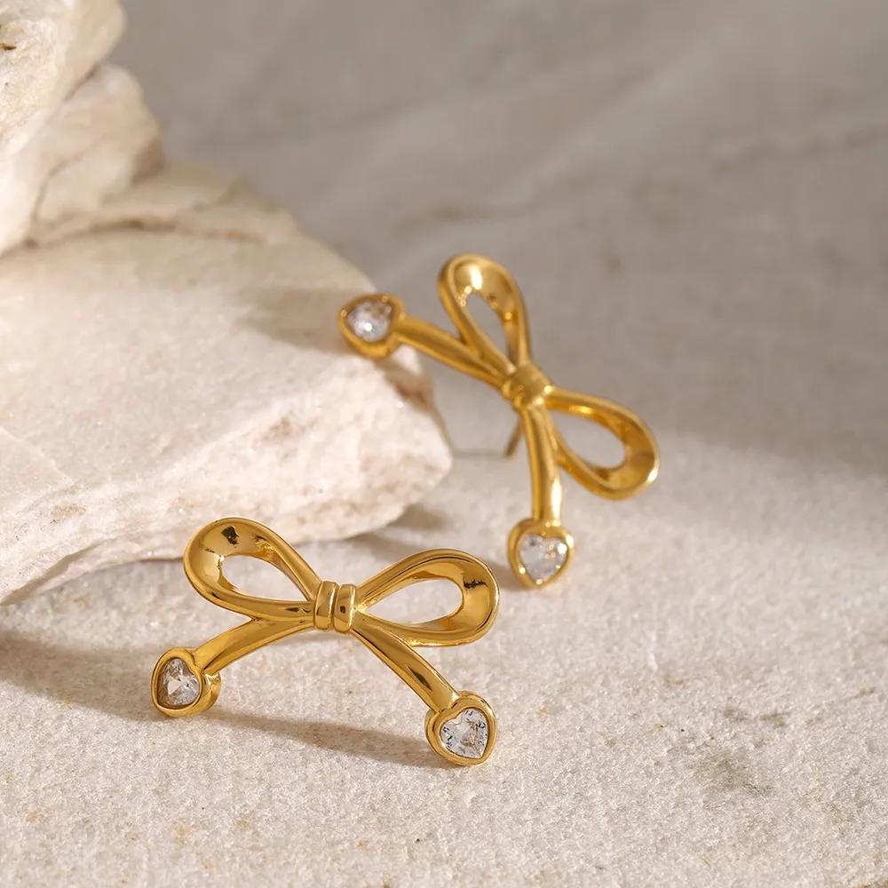 Stainless Steel Inlaid Zircon Bow Earrings, image 5