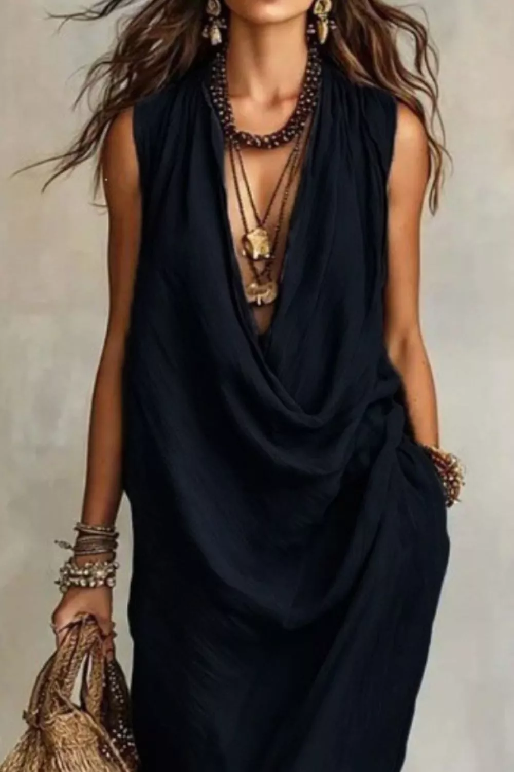 Sleeveless Drape Neck Midi Dress, image 11