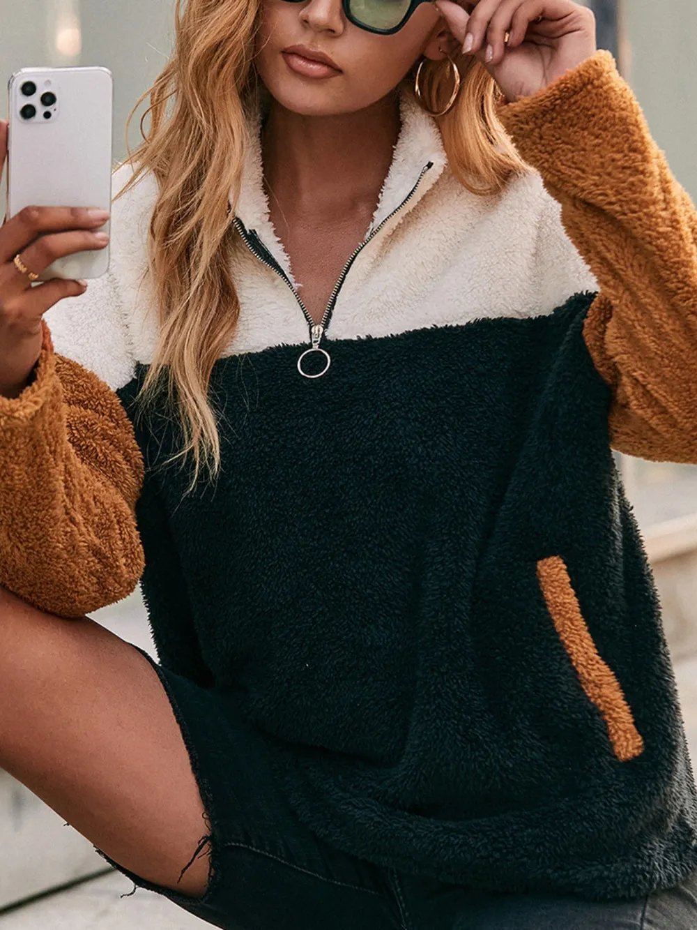 Color Block Quarter Zip Dropped Shoulder Sweatshirt, image 3