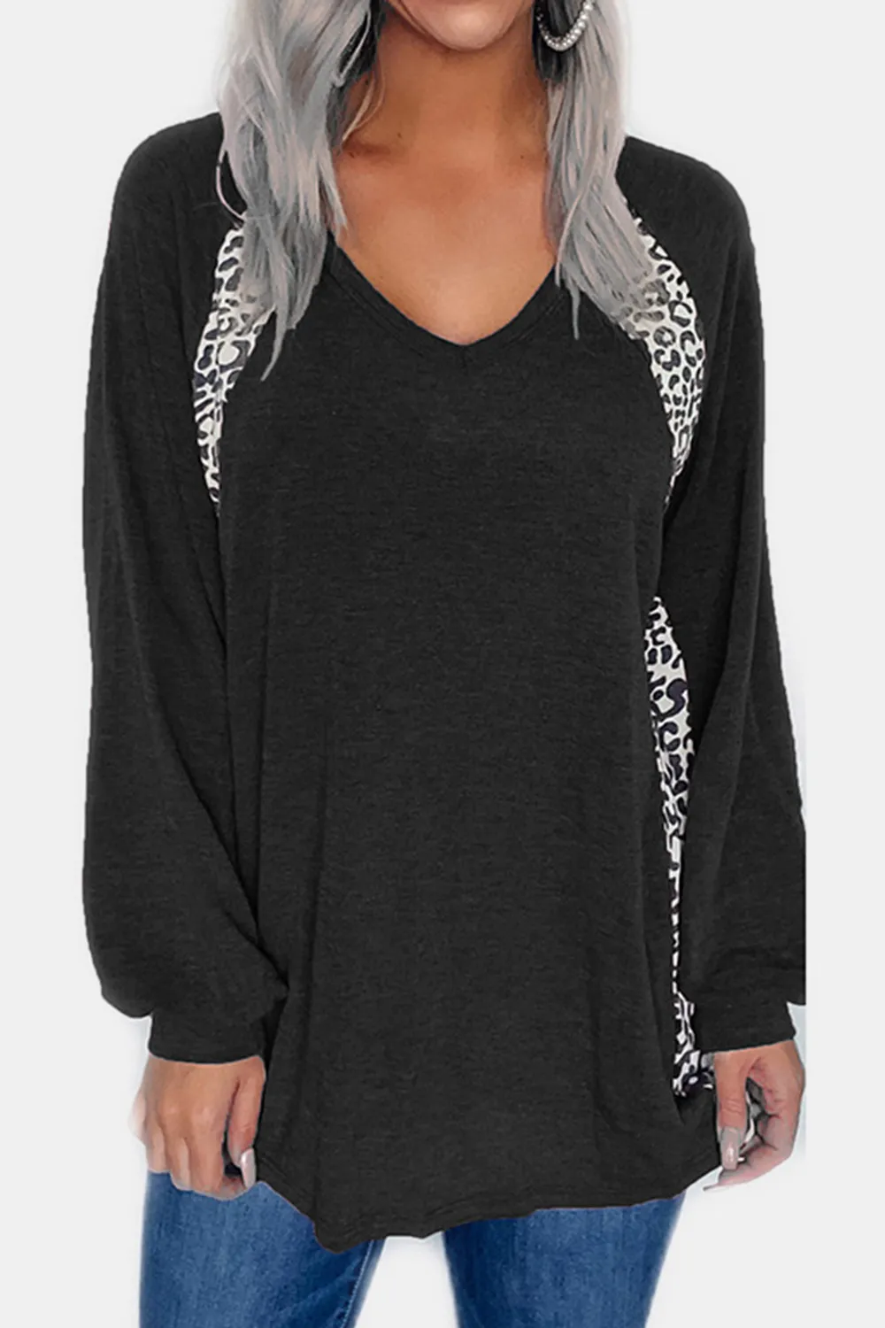 Full Size Leopard V-Neck Long Sleeve T-Shirt, image 4