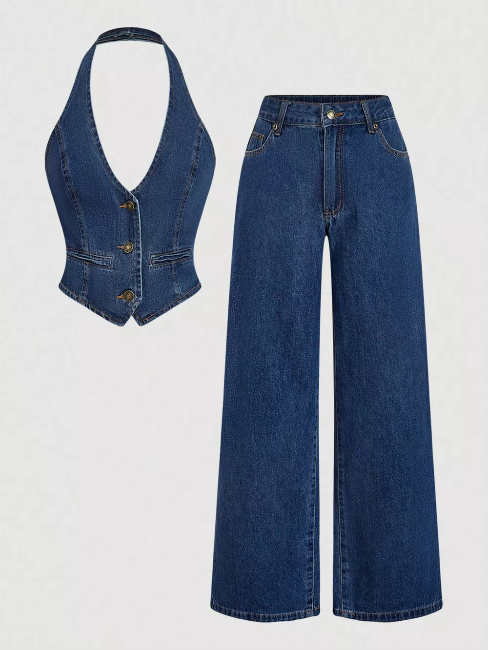 Halter Neck Denim Vest and Wide-Leg Jeans Set