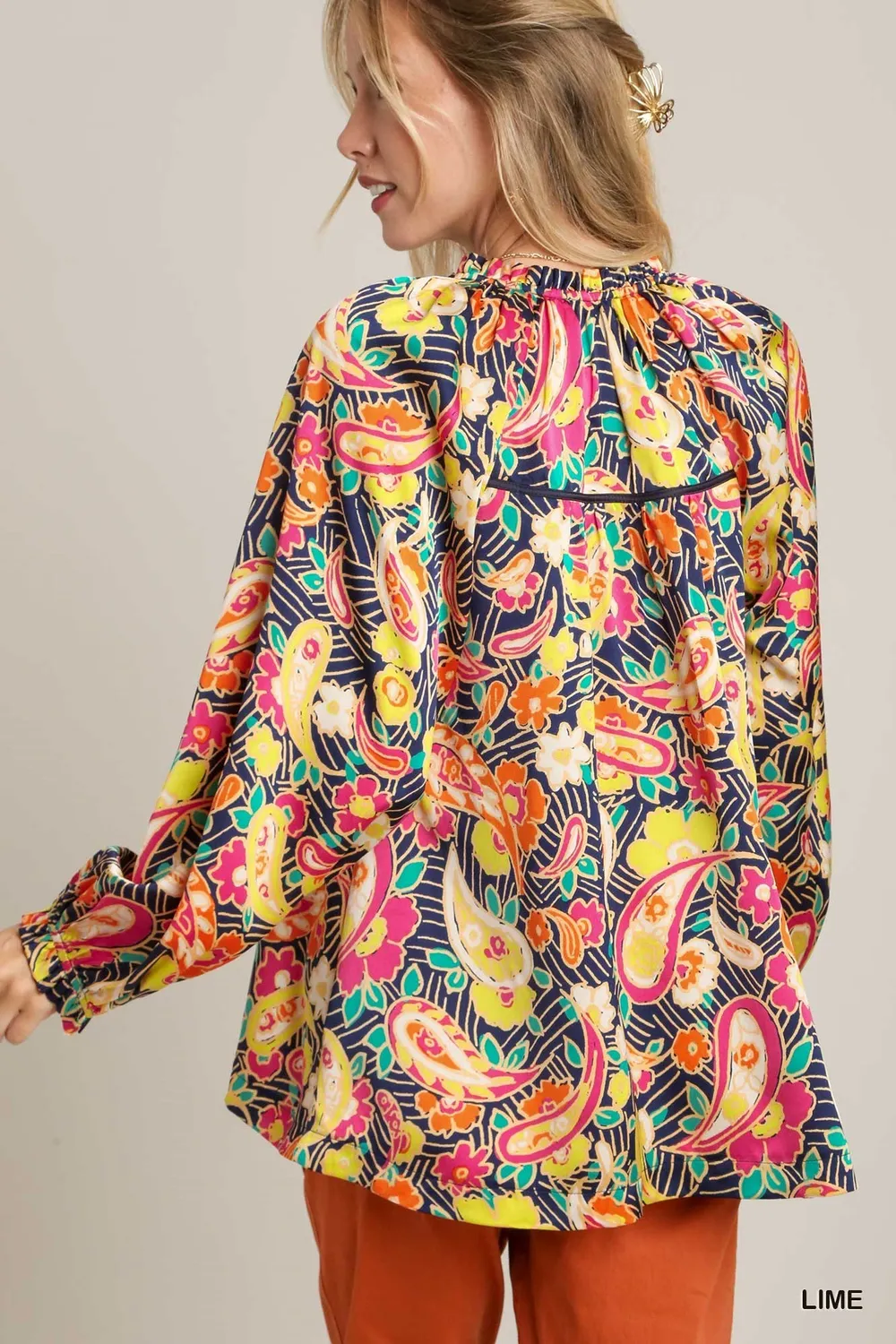 Full Size Satin Paisley Ruffle Neck Button-Up Shirt Plus Size, image 4