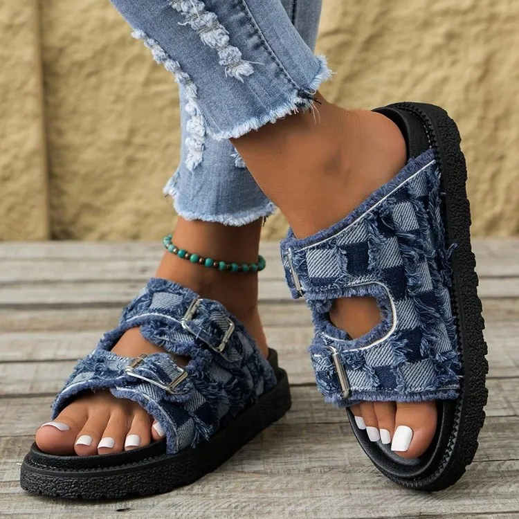 Raw Edge Checkered Cloth Buckle Sandals, image 2