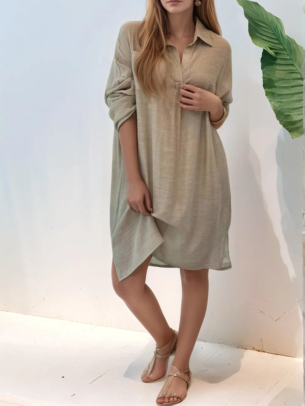 Full Size Side Slit Roll-Tab Sleeve Mini Shirt Dress Plus Size, image 11