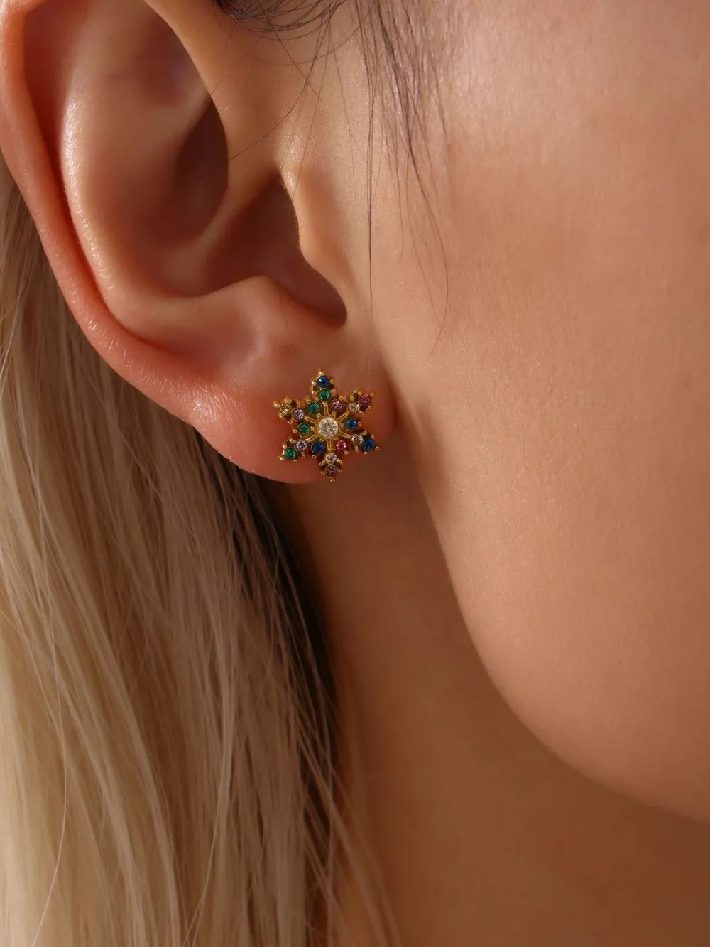 Stainless Steel Snowflake Stud Earrings, image 2
