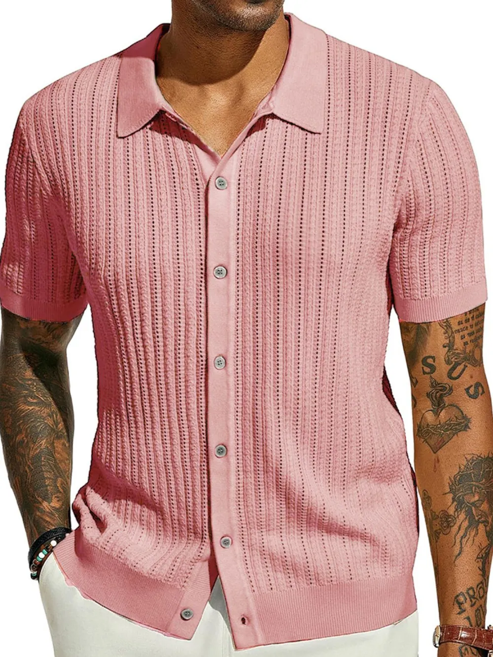 Men's Full Size Openwork Button Down Collared Neck Shirt Plus Size, image 6