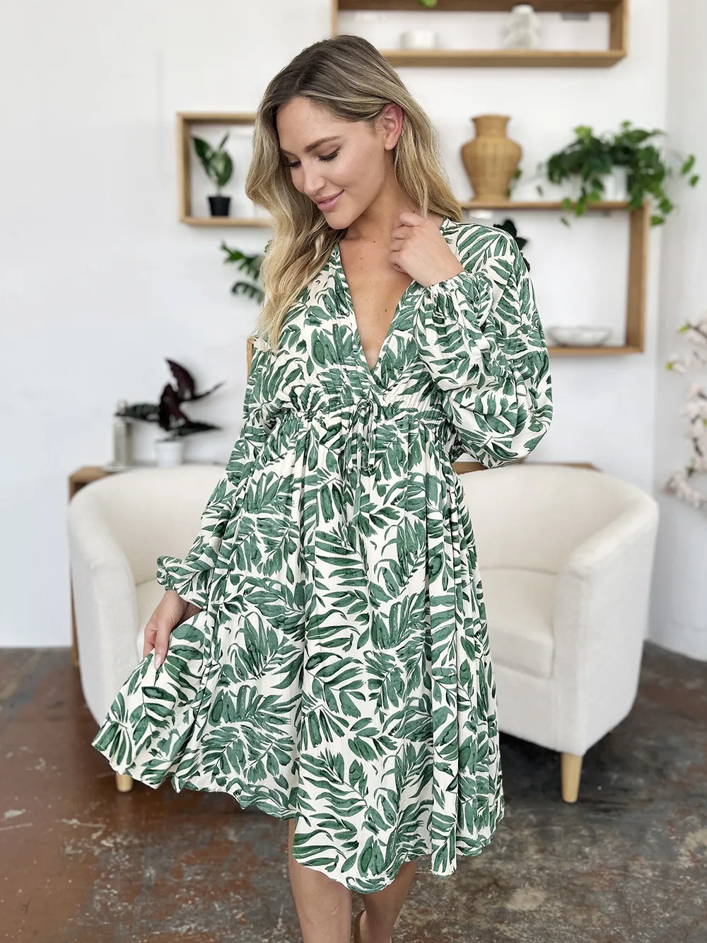 Full Size Printed Ruched Balloon Sleeve Dress, image 15