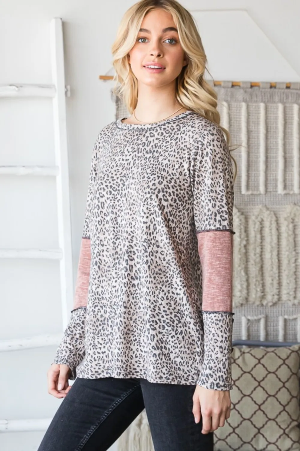 Full Size Leopard Exposed Seam Contrast T-Shirt, image 3