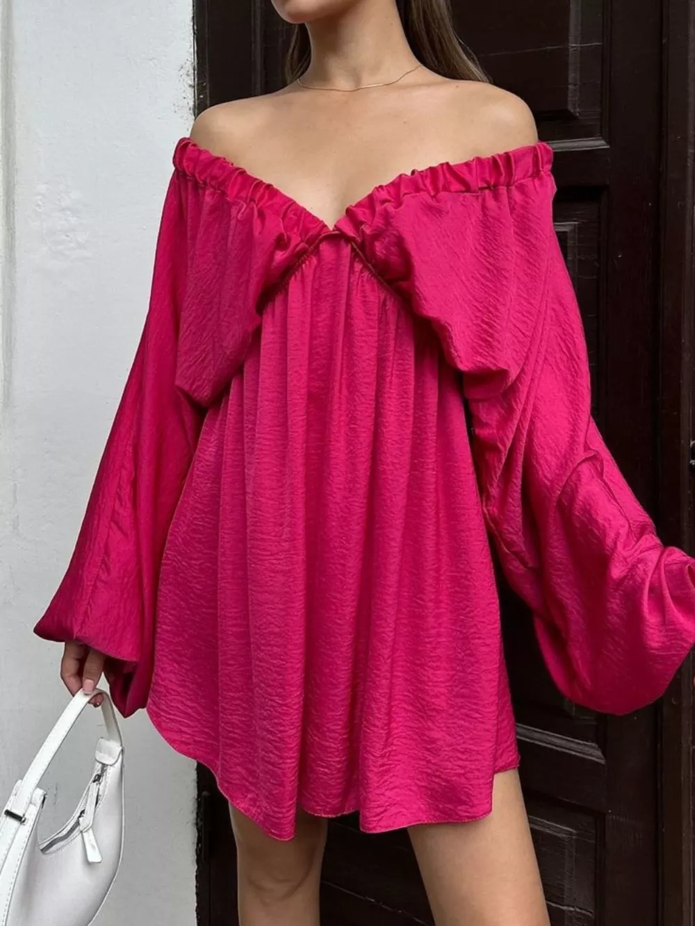 Deep V-Neck Balloon Sleeve Dress, image 12