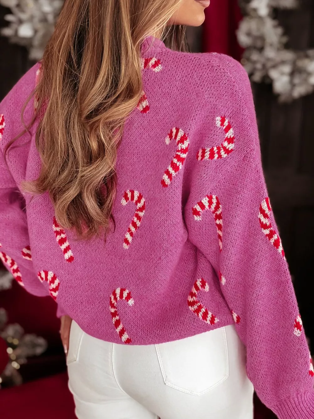 Christmas Candy Cane Holiday Drop Shoulder Sweater, image 3
