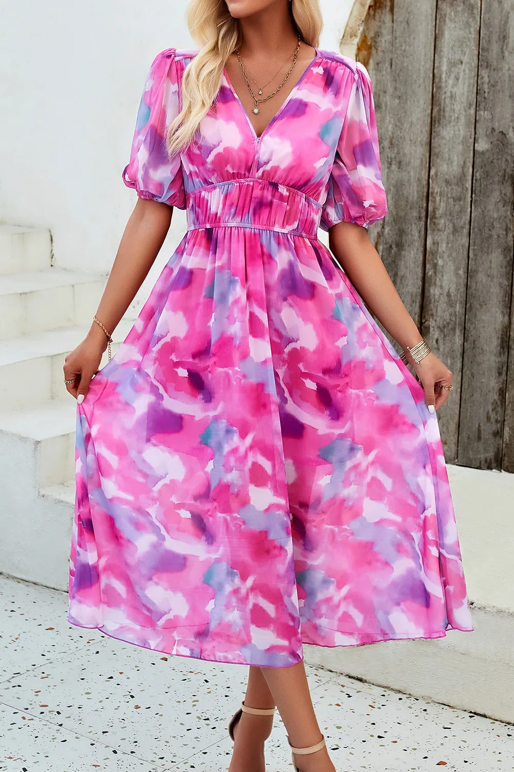Smocked Printed V-Neck Short Sleeve Dress, image 16