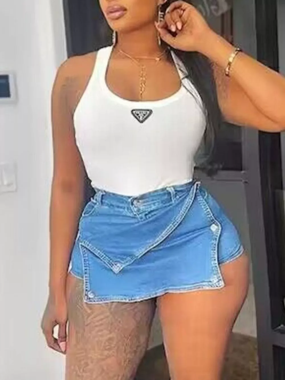 Asymmetrical Wrap Denim Skort, image 2