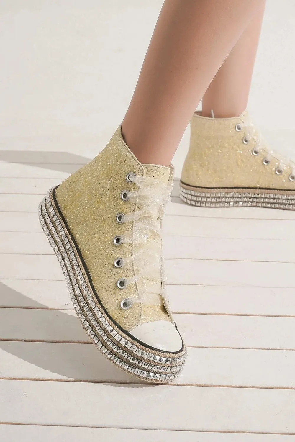 Glitter Lace-Up Studded Platform Sneakers