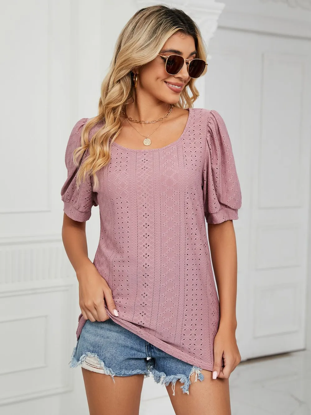 Ruched Notched Long Sleeve T-Shirt, image 13