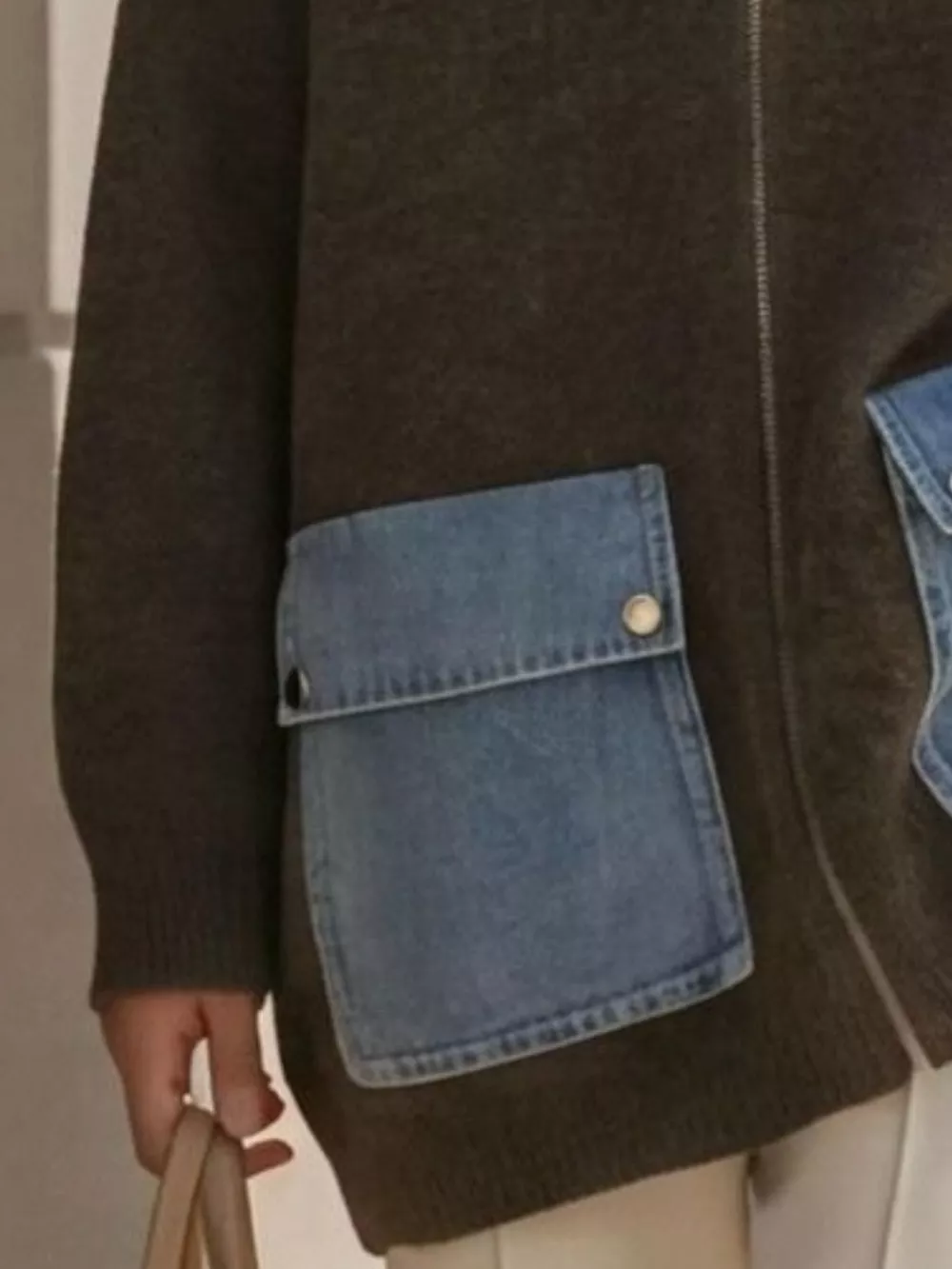 Contrast Denim Pockets Hooded Cardigan, image 6
