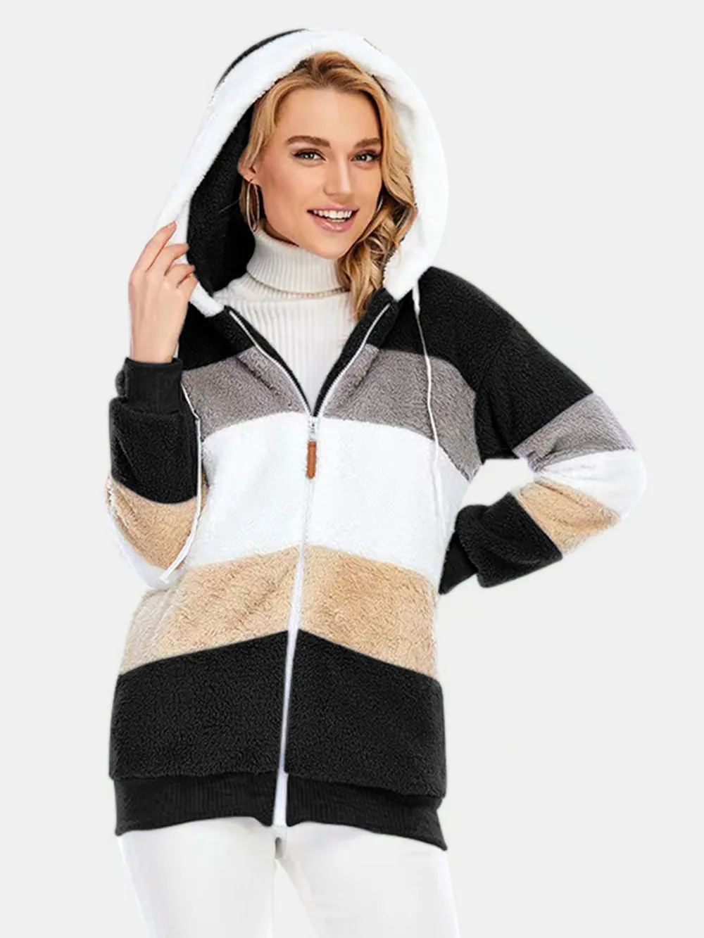 Full Size Drawstring Color Block Zip Up Hooded Outerwear, image 19