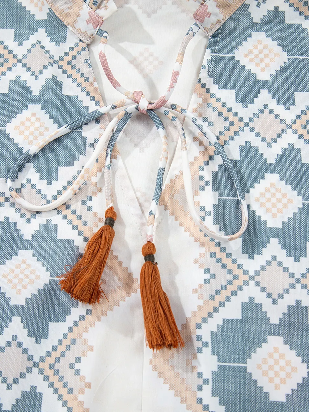 Bohemian Geometric Print Blouse with Tassel Tie, image 10
