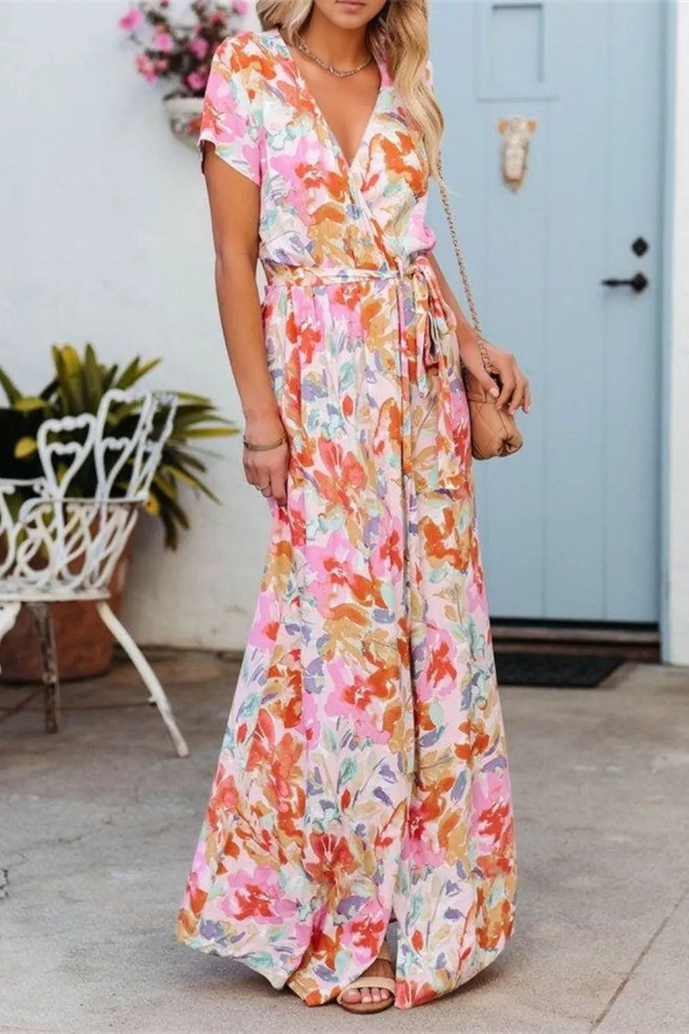 Printed Surplice Short Sleeve Tie Waist Maxi Dress, image 6