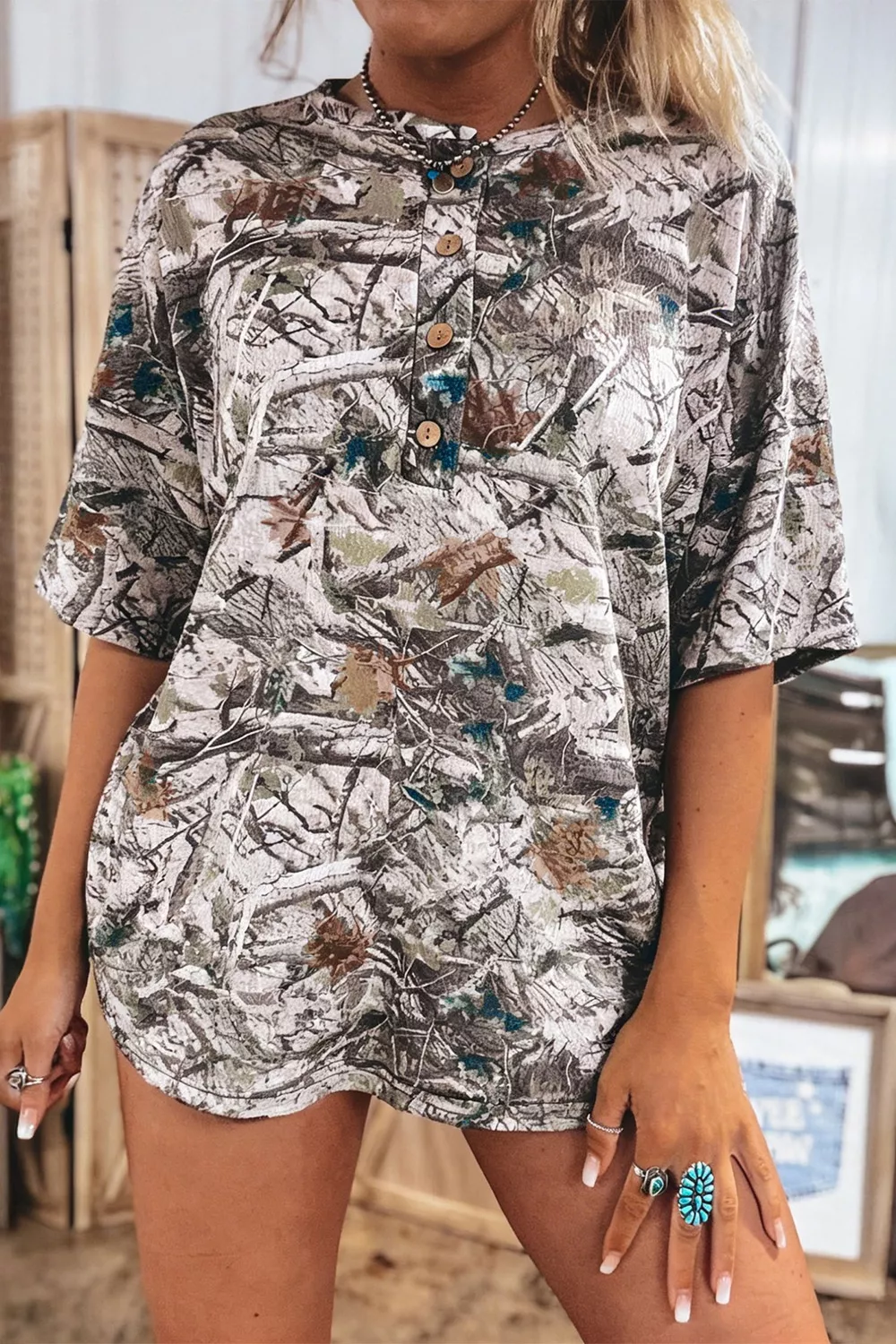 Abstract Woodland Print Tunic Henley T Shirt, image 2
