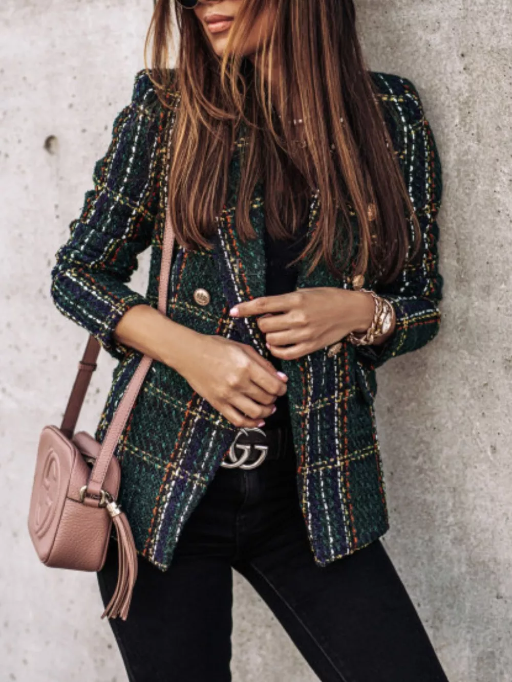 Full Size Plaid Tweed Double-Breasted Blazer Plus Size, image 8