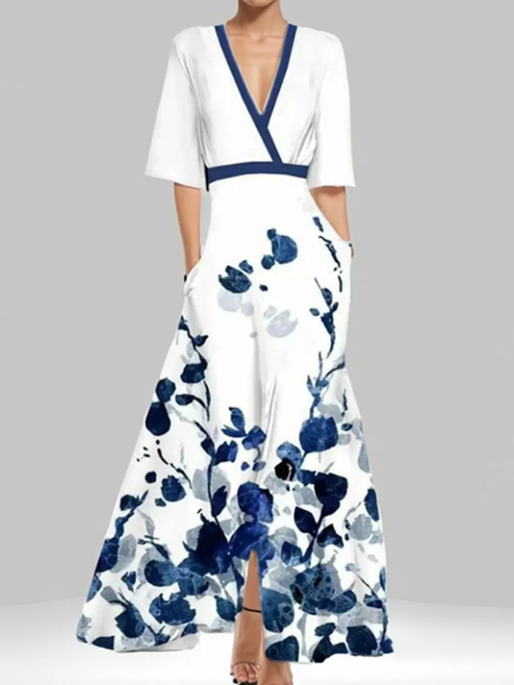 Floral Print Half Sleeve Maxi Dress with Pockets, image 9