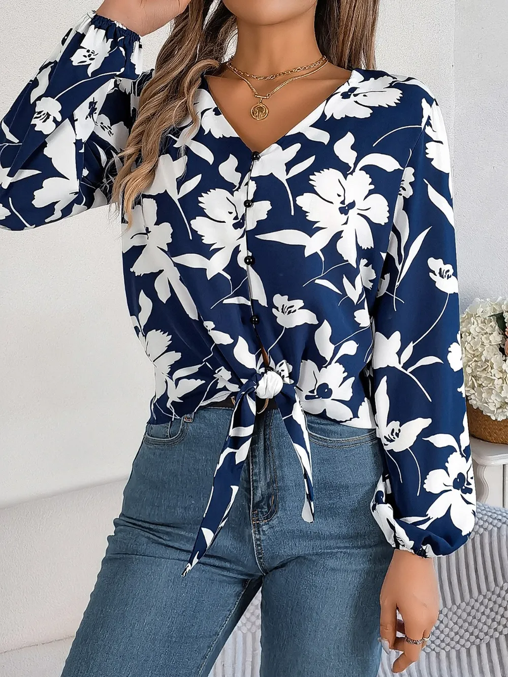 Printed V-Neck Long Sleeve Blouse, image 15