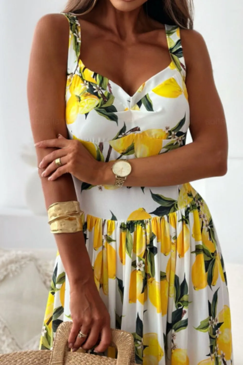 Lemon Print Sweetheart Neck Maxi Dress, image 4