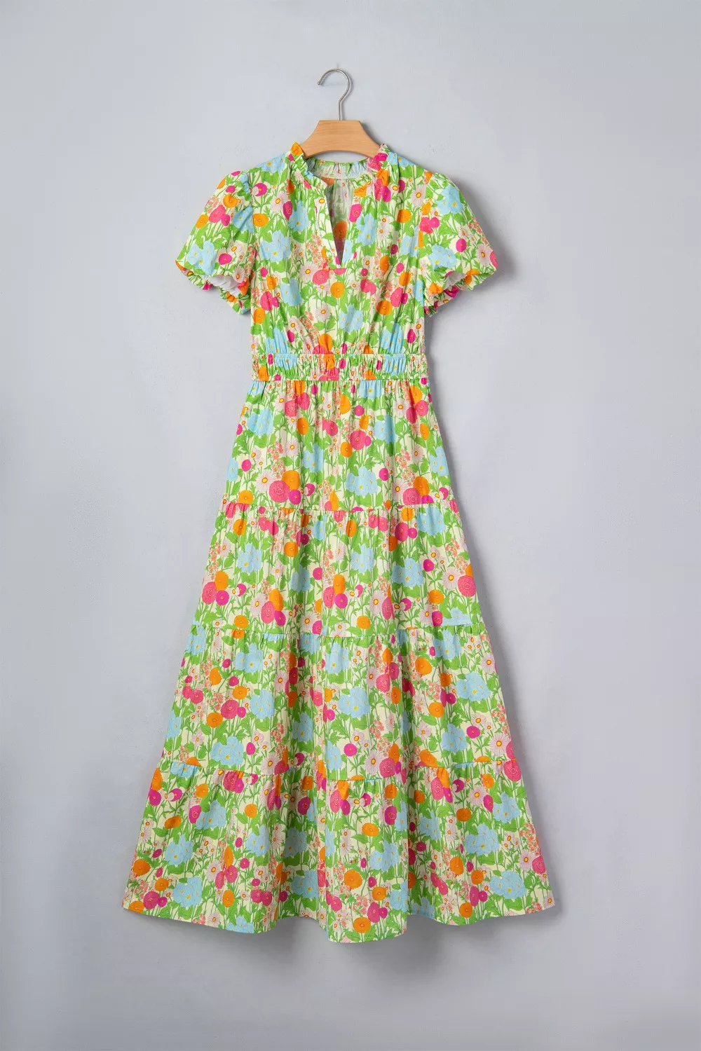 Floral Print V Neck Short Puff Sleeve Cotton Maxi Dress, image 5