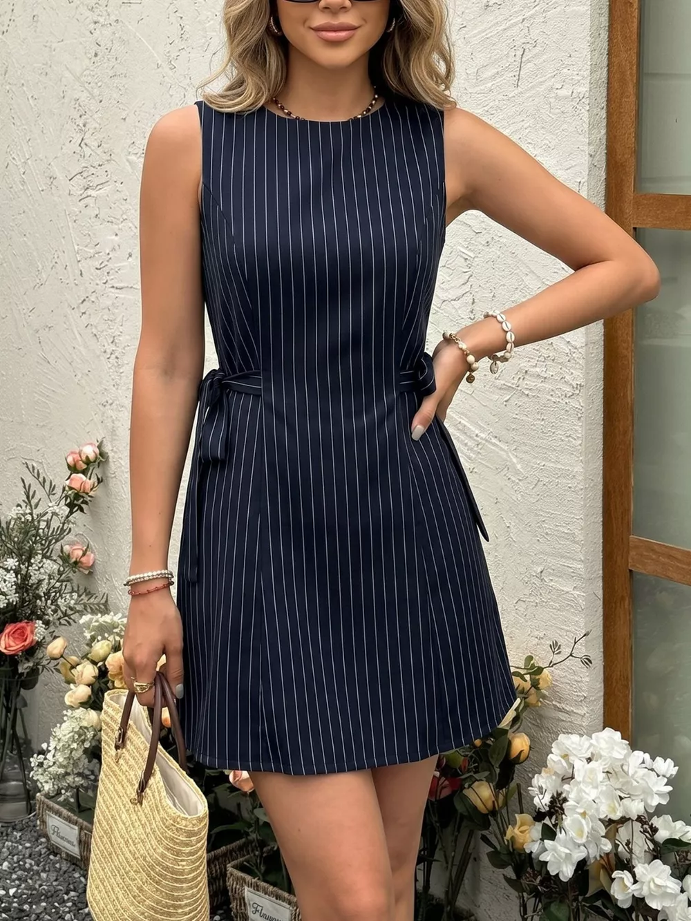 Striped Sleeveless Tie Waist Dress