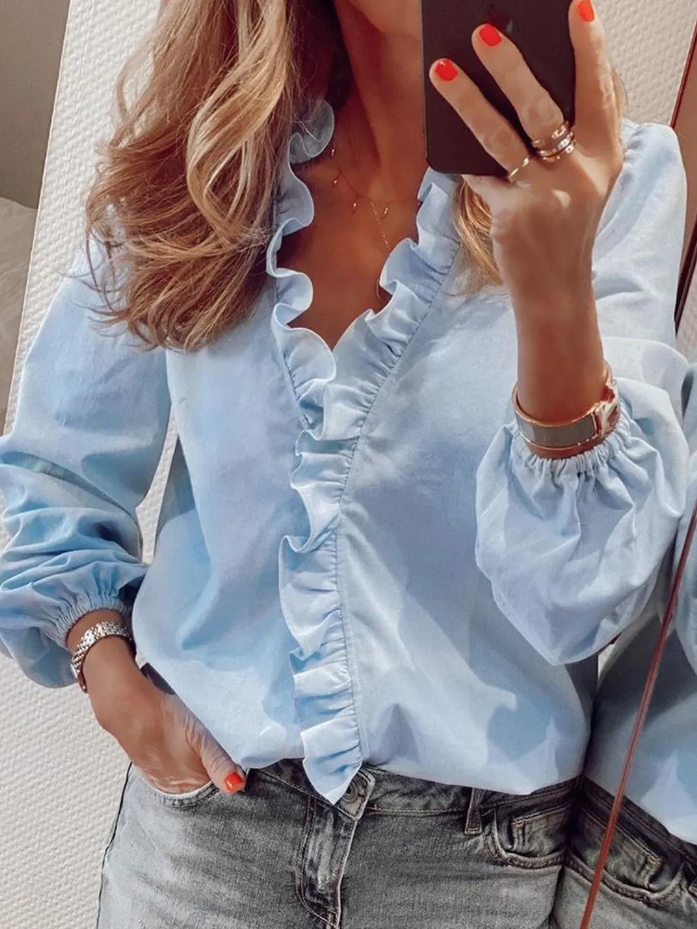 Ruffled V-Neck Long Sleeve Blouse, image 20