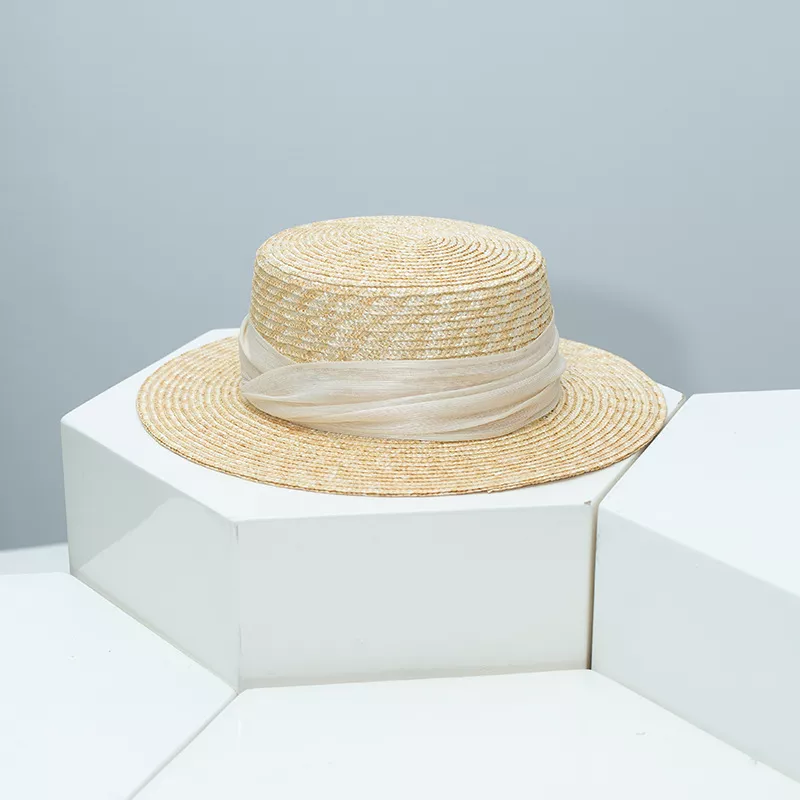 Straw Boater Hat with Ribbon Accent, image 3