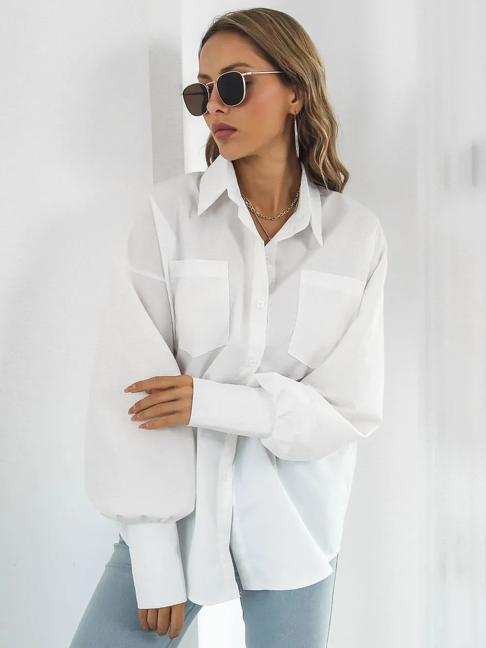 Button Up Dropped Shoulder Lantern Sleeve Shirt, image 9