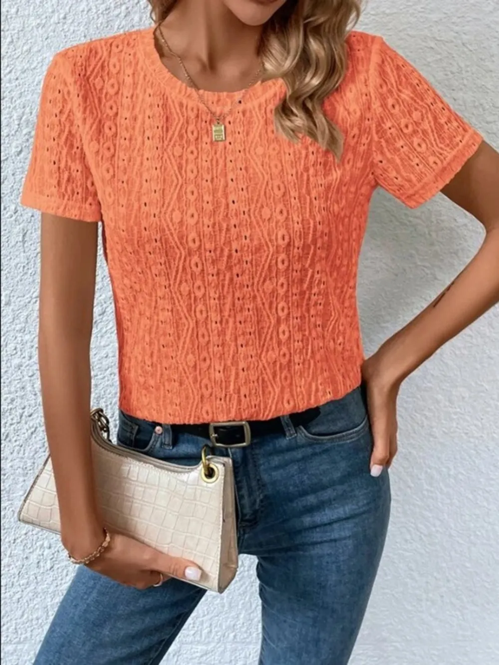 Eyelet Round Neck Short Sleeve T-Shirt, image 14