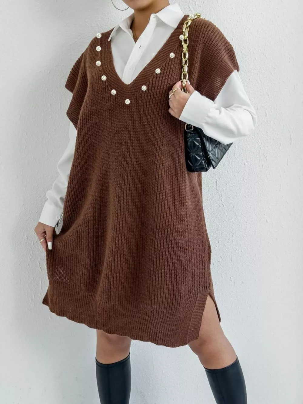 Slit V-Neck Sweater Dress, image 2