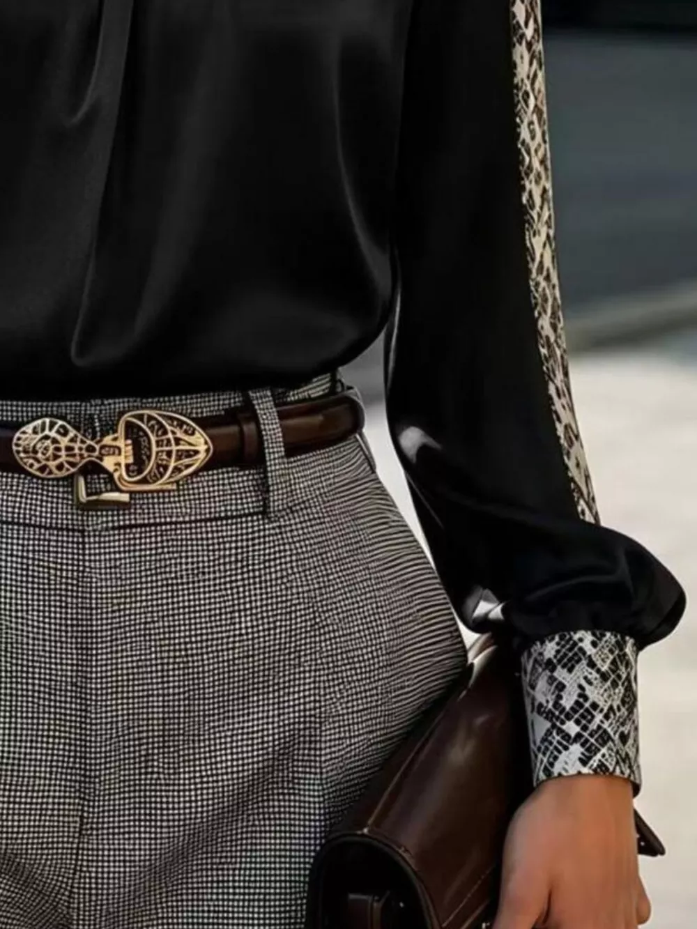 Snake Print Contrast Trim Satin Blouse, image 6