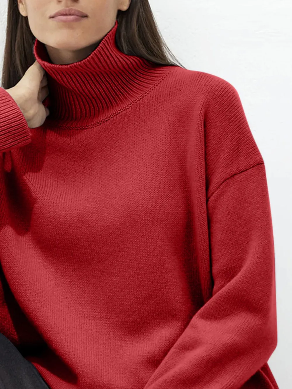 Ribbed Detail Turtleneck Dropped Shoulder Sweater, image 15