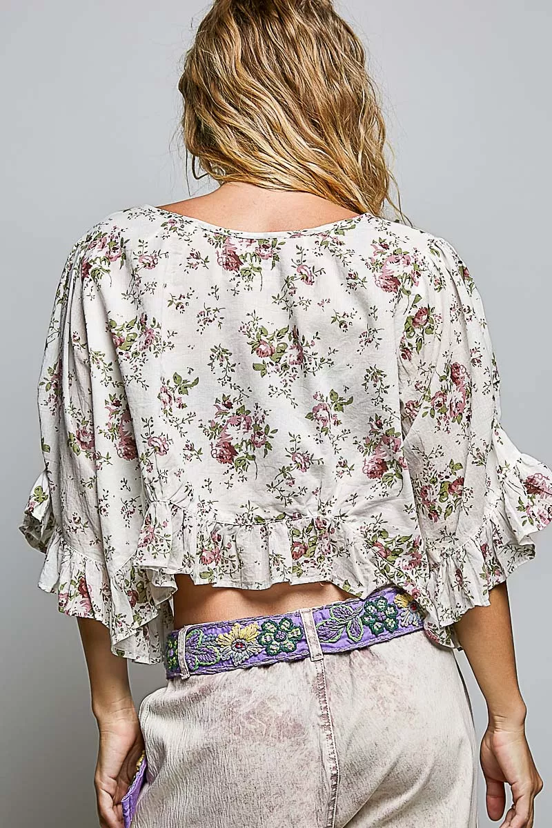 POL Ruffle Tie Front Cropped Floral Woven Flutter Sleeve Top, image 3