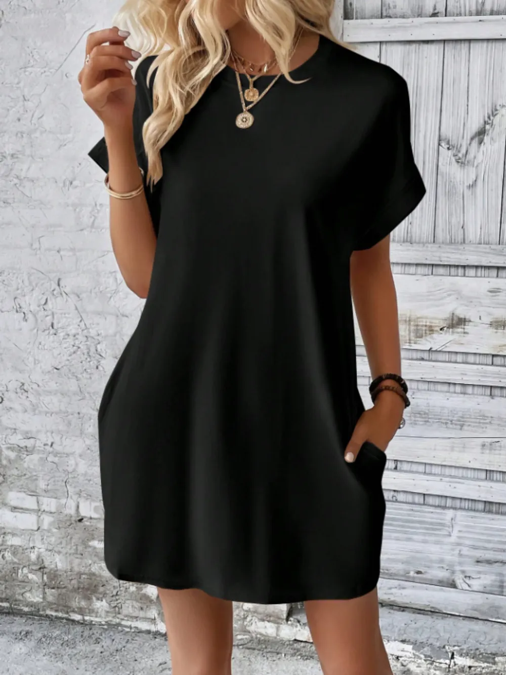 Round Neck Short Sleeve Mini Tee Dress with Pockets, image 13
