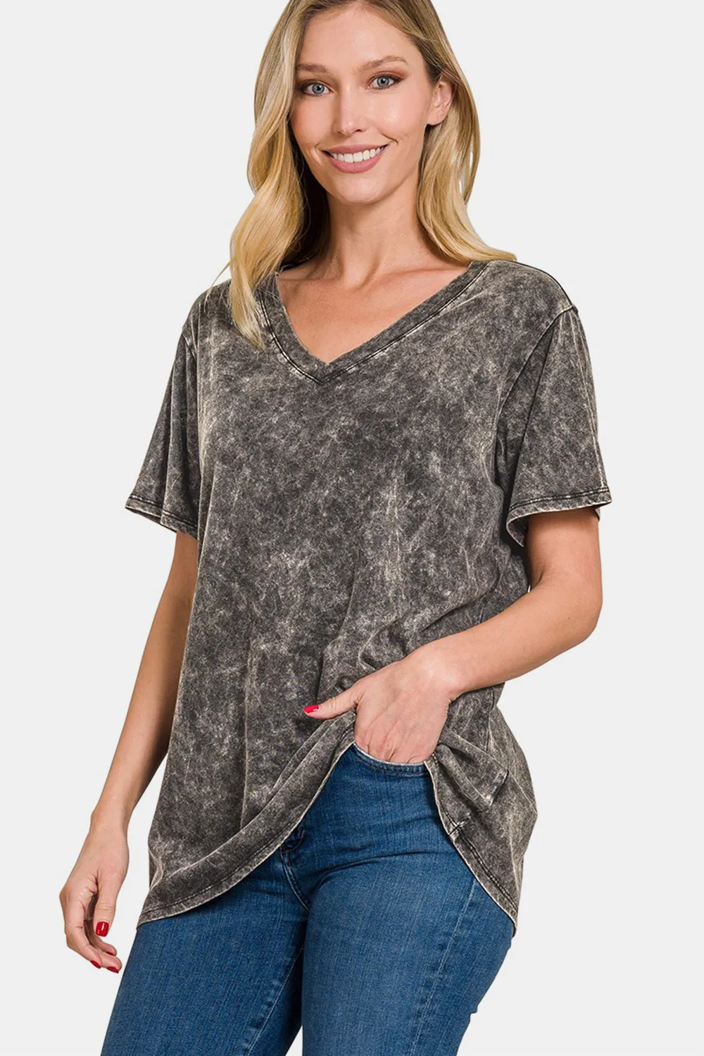 Full Size Washed Short Sleeve V-Neck T-Shirt, image 2