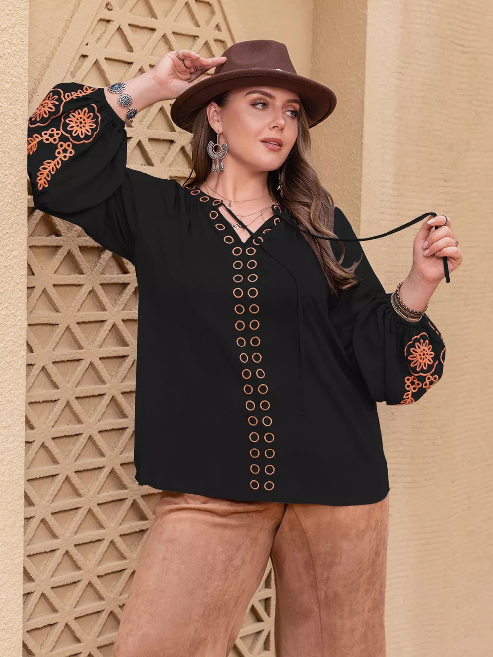 Plus Size Boho Embroidered Long Sleeve Blouse
