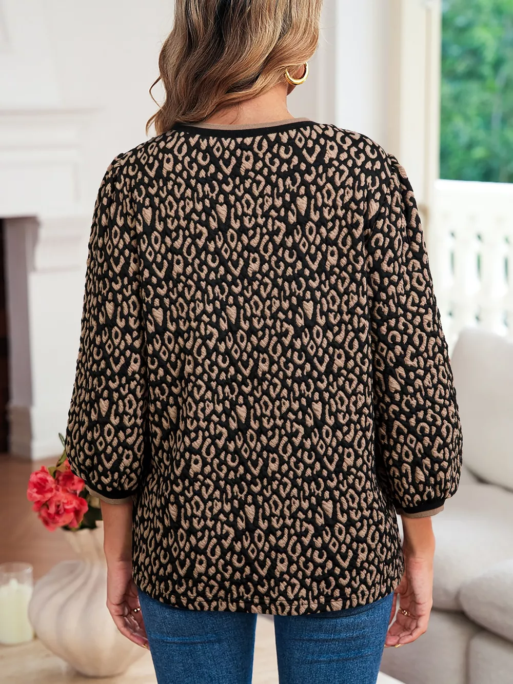 Leopard Print Puffy Bracelet Sleeve Contrast Trim Round Neck Top, image 2