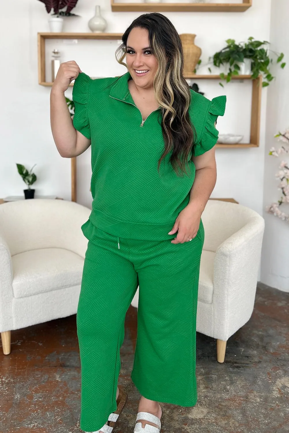 Texture Ruffle Short Sleeve Top and Drawstring Wide Leg Pants Set, image 29