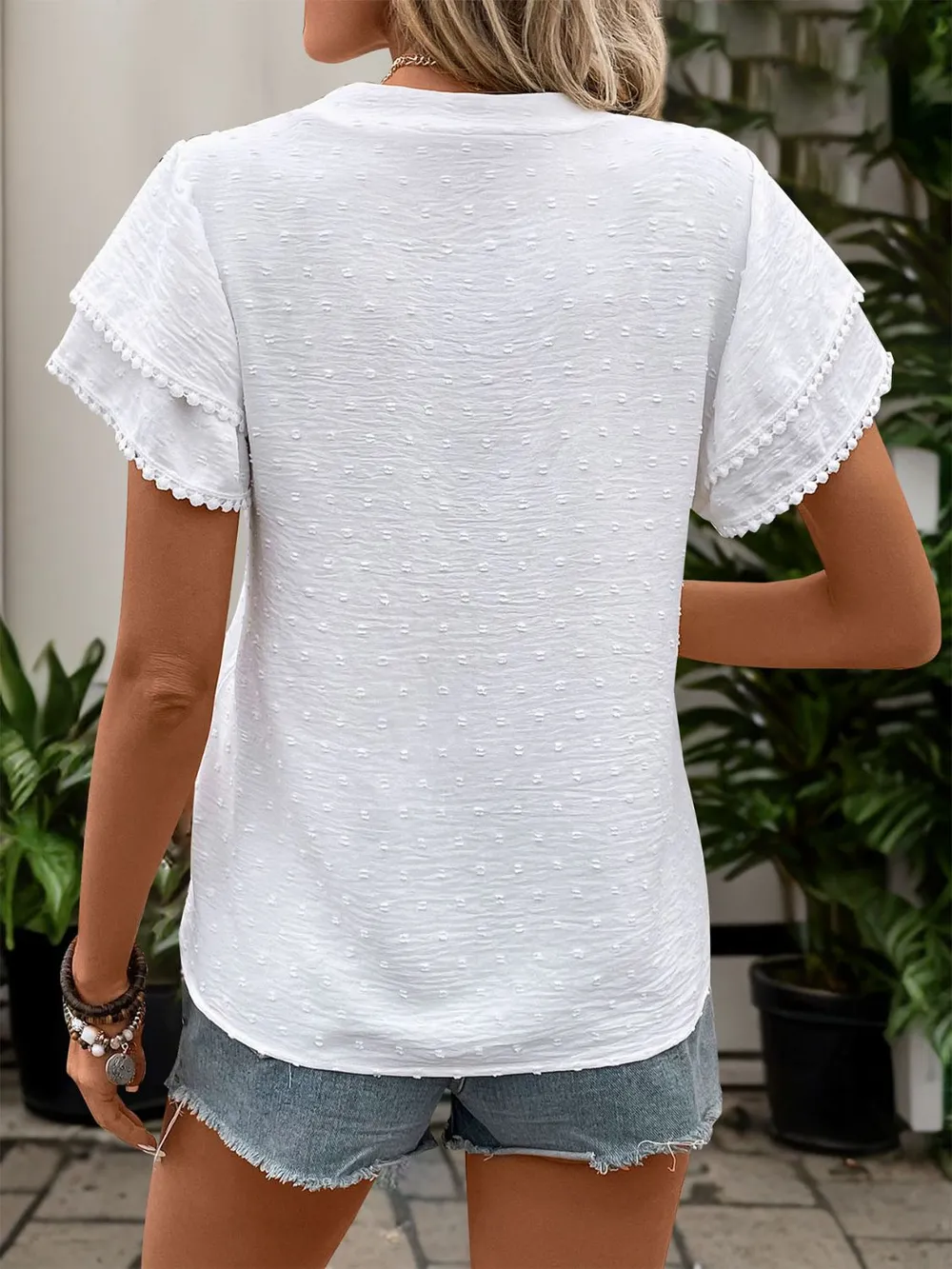 Swiss Dot Notched Short Sleeve Blouse, image 4