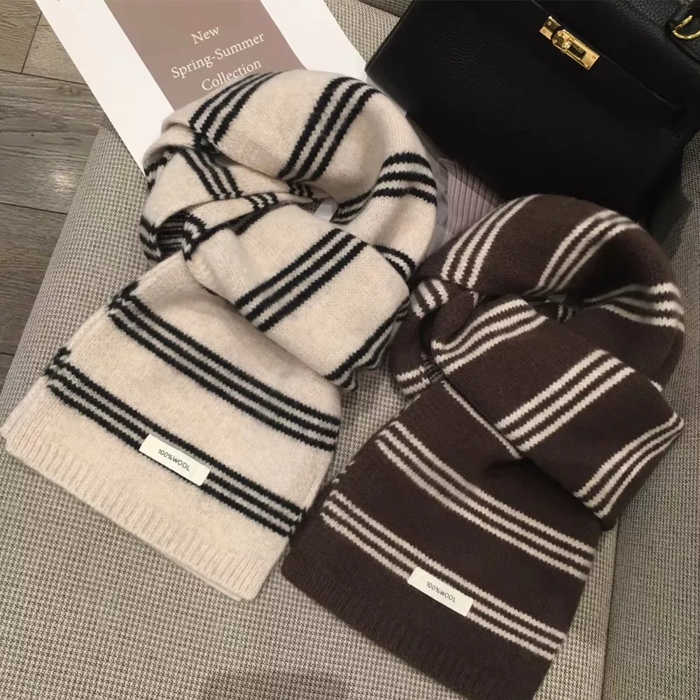 Wool Striped Contrast Knit Warm Scarf, image 5