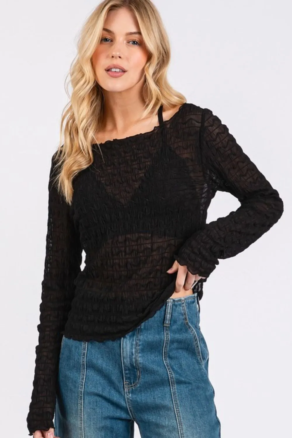 Lettuce Hem Boat Neck Long Sleeve Blouse