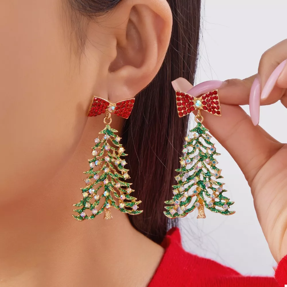 Christmas Tree Bow Drop Earrings, image 2