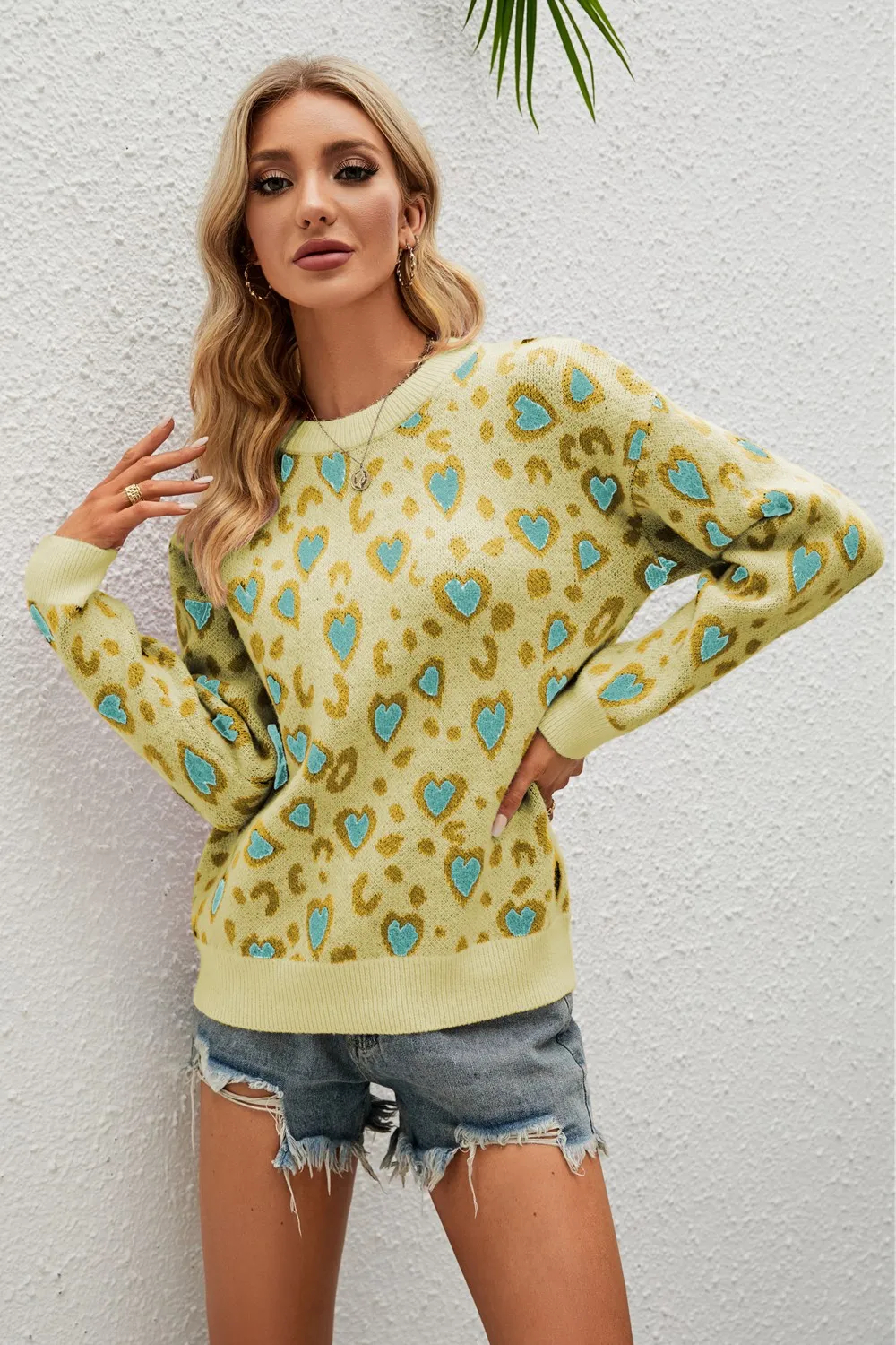 Heart Round Neck Dropped Shoulder Sweater, image 5