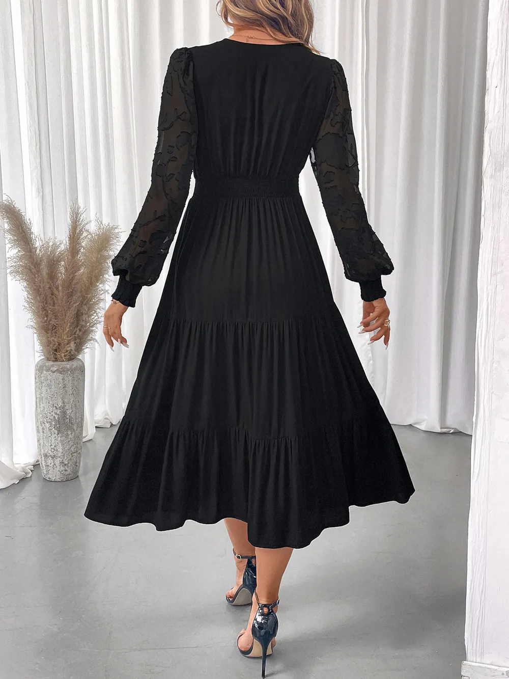 Lace Detail Lantern Sleeve Tiered Dress, image 7