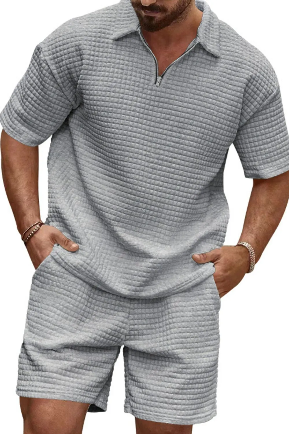 Men's Full Size Zip Collar Short Sleeve Top and Shorts Set Plus Size, image 4